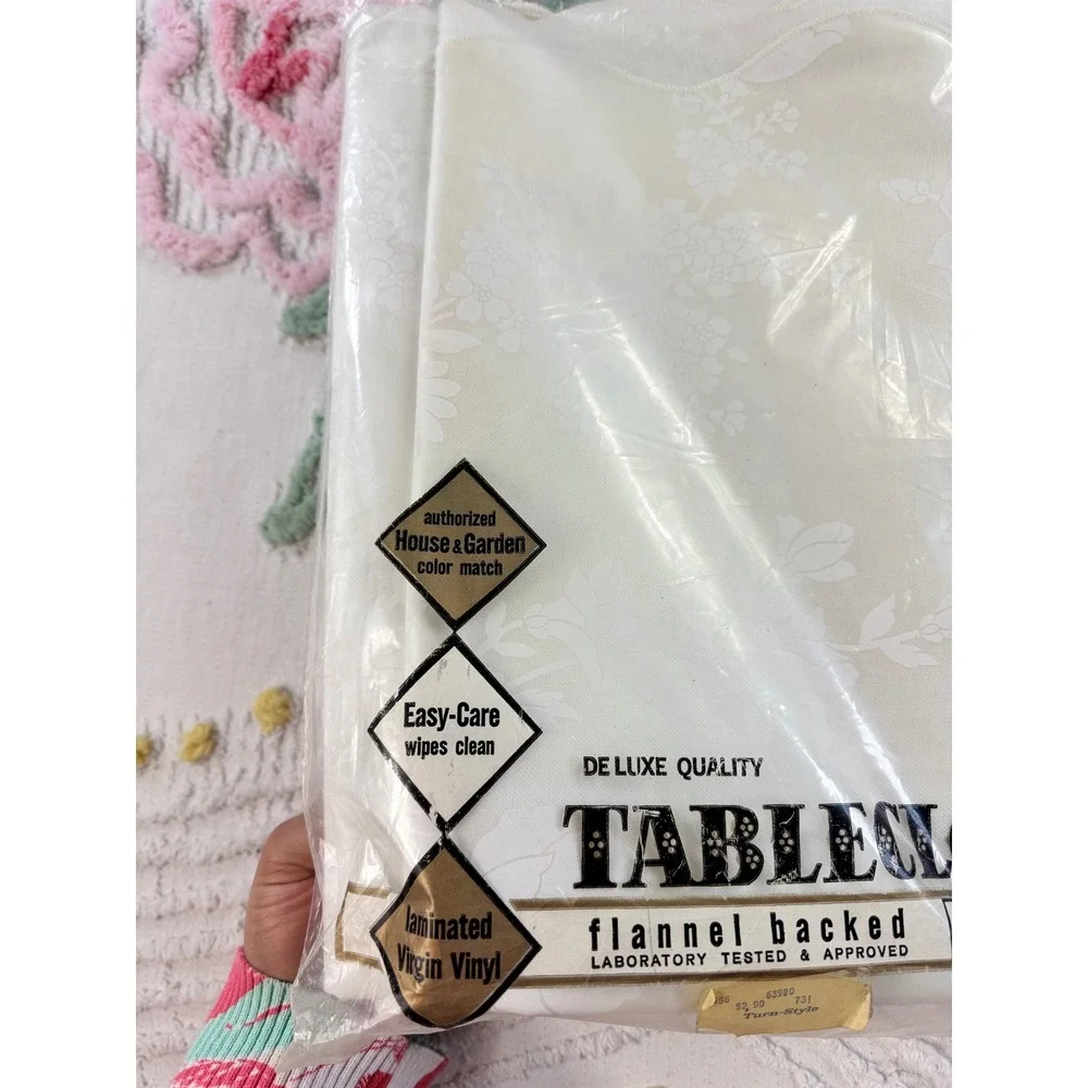 Vintage Deluxe Quality Vinyl Tablecloth Flannel Backed Floral Cream 52x90 New